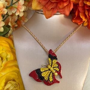 NEW! Red & Yellow Butterfly Crystal Pendant Necklace Betsey Johnson